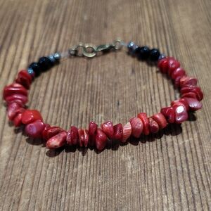 Men's Red Coral and Black Beaded Nugget Bracelet,  Handmade Men's Bracelet